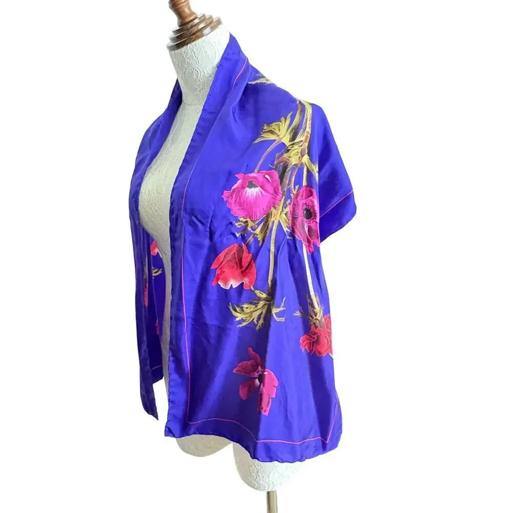 Vintage Purple Floral Silk (?)Scarf Wrap Shawl 21x44 Boho Cottagecore